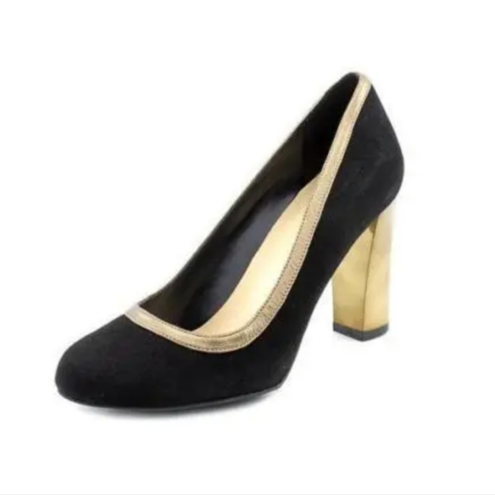COLE HAAN Edie High Party Pump Shoes, Black SUEDE Gold Metallic Heels Block 9 B